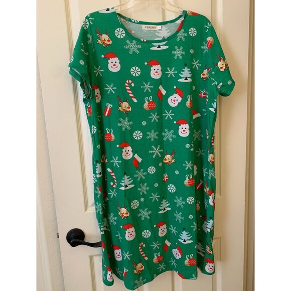 Christmas-Themed Green Nightgown With Snowmen & Holiday Prints By Feremo - Picture 1 of 3